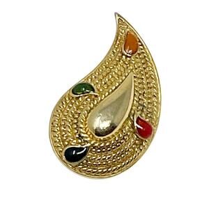 Vintage Gold Tone Multicolor Paisley Brooch Pin 2 Inch 80s 90s EUC